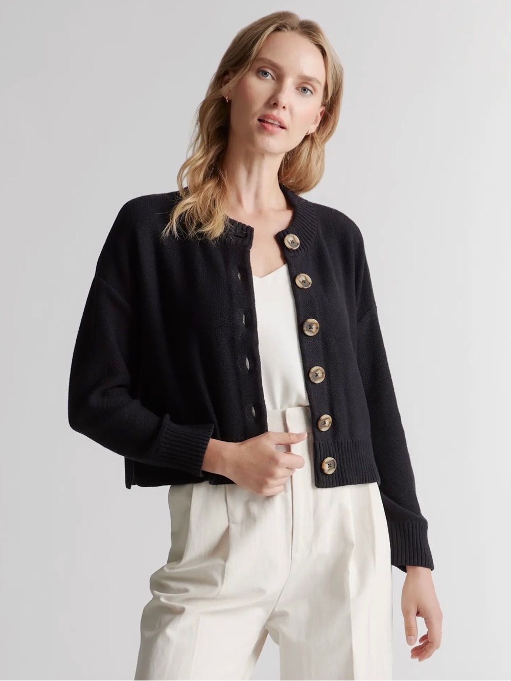 Quince Black 100% Cotton Button-Front Cropped Cardigan Size XL - C30-126
